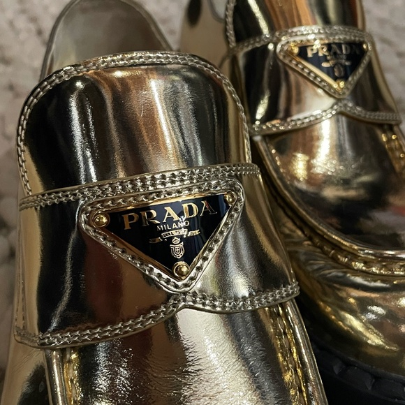 PRADA Triangular Logo Metallic Gold Leather Chocolate Loafers size 39 - Picture 13 of 16